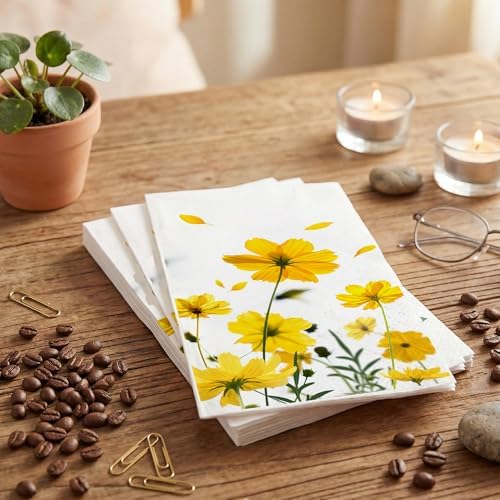 200 Pack Daisy Disposable Paper Napkins Yellow Floral Summer Guest Towels Small Portable Hand Wipes for Wedding Birthday Tea Party Kitchen Bathroom Table Decor