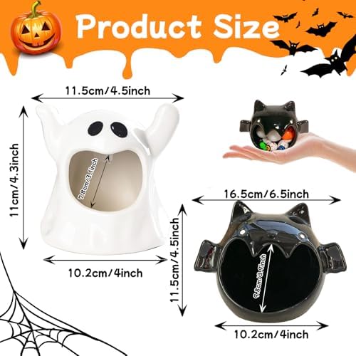 2 Pack Halloween Ceramic Candy Bowls, Ghost & Bat Candy Holder Containers