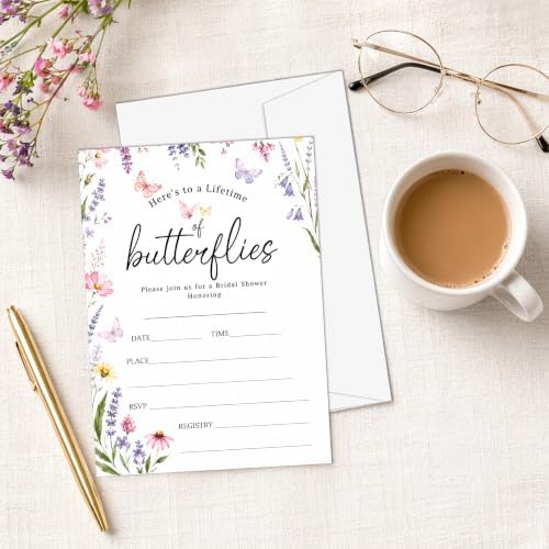 Bridal Shower Invitations, 25 Wildflower Wedding Shower Invites with Envelopes, 5x7 Butterfly Bride to Be Engagement Party Supplies - A06