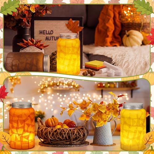 Qinyoung 12 Pcs Fall Crafts Thanksgiving Mason Jar with LED Candle Light