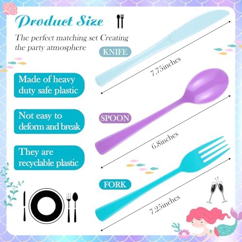 Minatee 180 Pcs Mermaid Plastic Silverware Heavy Duty Cutlery Sets Disposable Utensils for Holiday Birthday Themed Party Supplies, 60 of Each Forks Knives Spoons