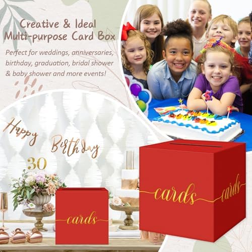 QIKSION Elegant Red Graduation Card Box, Gold Foil Gift Card Box for Party