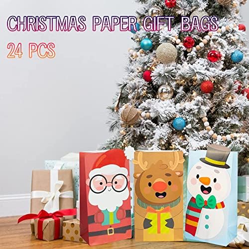 Uptotop 24 Pack 2D Christmas Treat Bags with 6 Assorted Designs, Xmas Kraft Paper Bags for Holiday Cookie Candy Party Favor Supplies Decor