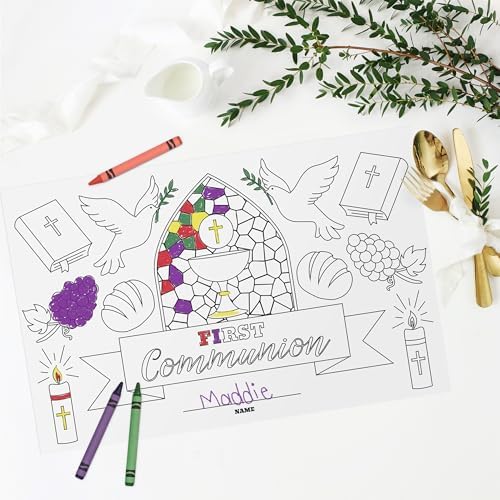 First Holy Communion Coloring Activity Placemats / 12 Religious Drawing Activity Sheets / 17" x 11" Kids Double Sided Christian Disposable Coloring Paper / 1st Communion Party Kids Table Supplies