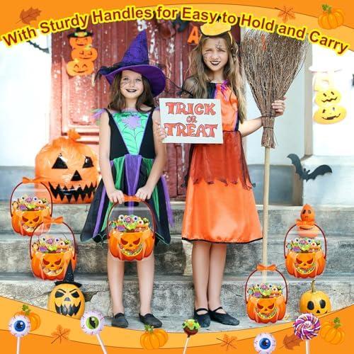 Fuutreo 25 Pcs Halloween Treat Bags with Handles, Pumpkin Plastic