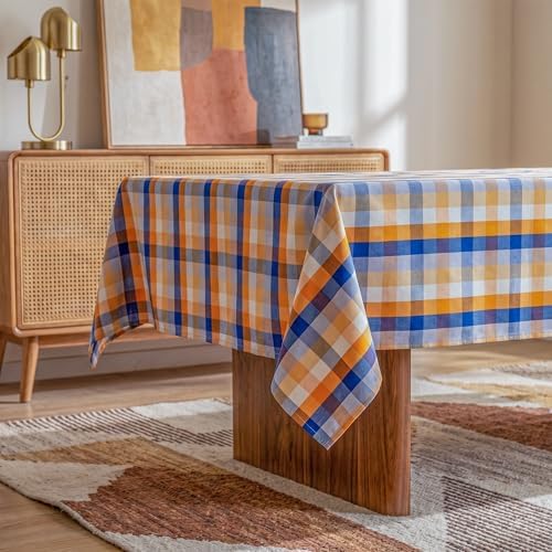 Fall Plaid Waterproof Tablecloth – Orange, Blue & White Check Pattern – Thanksgiving Harvest Table Cover, Stain-Resistant & Durable, W60 x L60 in