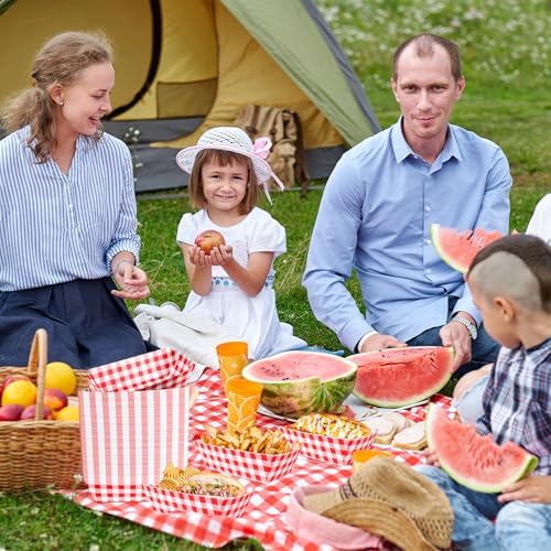 100 Pcs Red Gingham Paper Food Trays, Pre-Folded Red Checkered Disposable Food Boats for Hot Dogs, Fries, Nachos, Snacks, Carnival, Picnic, Baby Shower, Rustic Wedding, BBQ Party Supplies