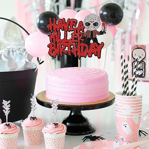 1 PCS Have a Killer Birthday Cake Topper - Glitter Horror Classic Halloween Cake Pick for Bloody Horror Theme Party Cake Decorations Supplies