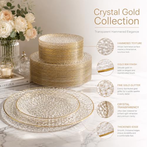 Rubtlamp 60Pcs Clear Gold Plastic Plates, Gold Glitter Disposable Plates, Hammered Plastic Plates Included 30 Dinner Plate And 30 Dessert Plates for Party