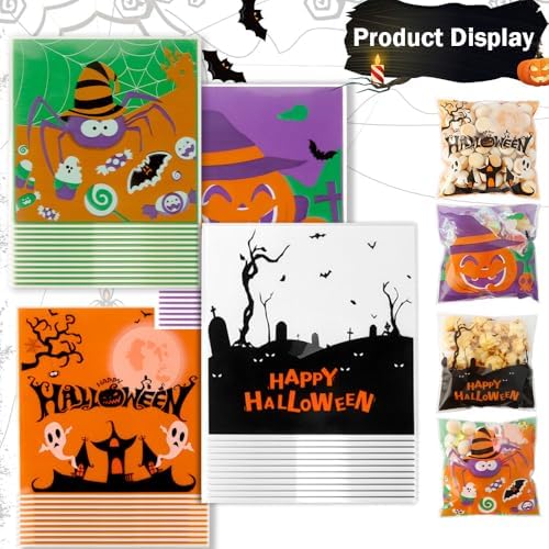 100 PCS Halloween Treat Ziplock bags(4x4 Inch) Self-sealing Candy Cookie Goodie Goody Small Gift Wrap Bags for Halloween Party Favors Supplies Decorations Spider Web Bat Pumpkin Pouches Table Decor