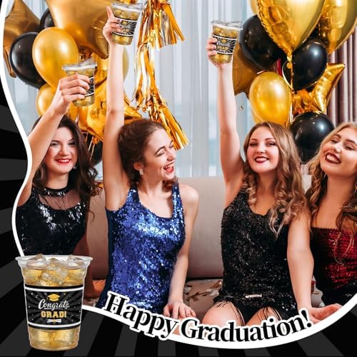 Bokon 100 Pcs 2026 Black Graduation Plastic Cups Bulk with Strawless Sip Lids 12oz Disposable Congrats Grad Cup Drinkware Class of 2026 Celebration for College Tableware Party Supplies Decorations
