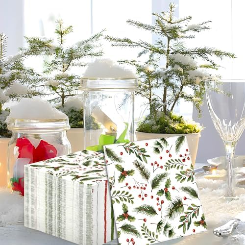 50 PCS Christmas Luncheon Napkins Xmas Berries and Pine Disposable Napkins 3-Ply Holly Berry Greenery Paper Napkins for Christmas Home Kitchen Holiday party Supplies
