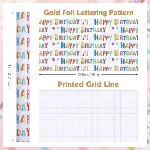 woric Birthday Wrapping Paper Roll with Gridlines 17 Inch x 33 Feet