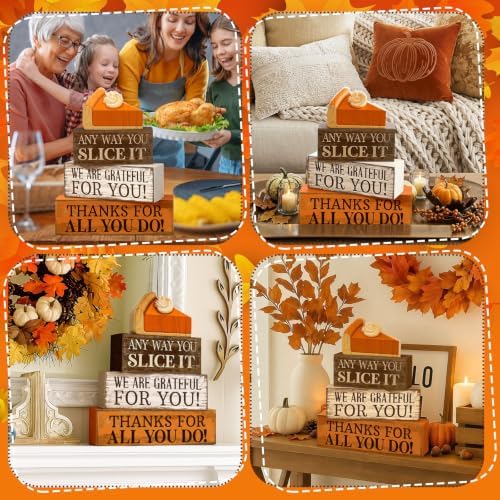 Moucuny 4 Pcs Fall Coffee Table Decor, Grateful Pumpkin Pie Wood Block Sign