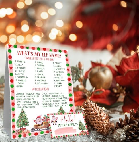 Christmas Party Decorations, What's Your ELF Name , with 1 ELF Themed Sign and 30 Name Stickers, Christmas Party ,Birthday Party Activities for Adults ,Activity Game for Class Graduation
