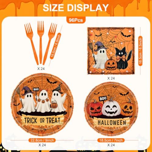 96 Pieces Halloween Ghost Tableware Set – Trick or Treat Disposable Paper Plates and Napkins for Halloween Party Decorations, Ghost Theme Party Supplies, Spooky Celebrations and Trick or Treat Events