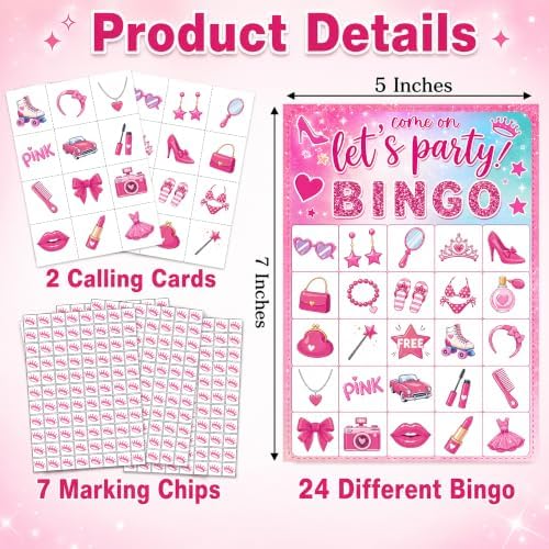 Pink Glitter Bingo Cards, 24 Player Party Game for Teens and Adults