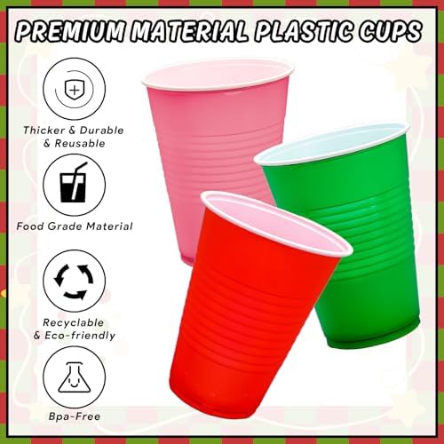 JarThenaAMCS 150Pcs Christmas Plastic Cups 16Oz Red Pink Green Disposable Drinking Cup Stackable Party Cups for Xmas Indoor Outdoor Event Supplies