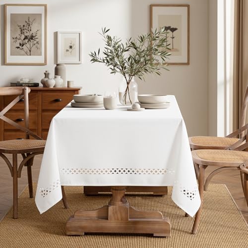 MIULEE White Rectangle Tablecloth with Decorative Cutouts 60x104 inch