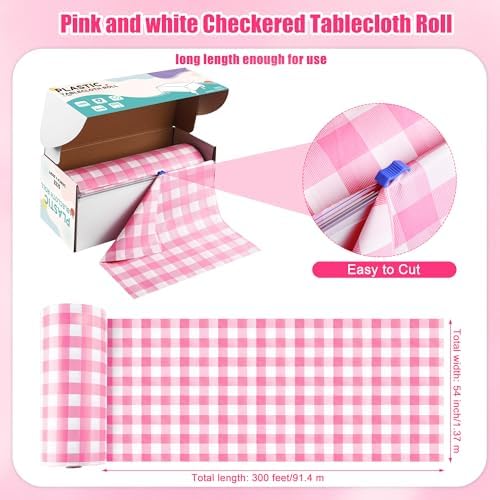 Kochorie 54 Inch x 300 Ft Light Pink Checkered Plastic Table Cloth Roll Disposable Waterproof Table Cover Plastic Table Cover Roll with Easy Slide Cutter for Outdoor Picnic/Home Dining/Spring Party