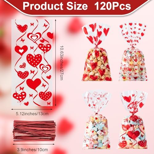 Valentines Cellophane Bags 120pcs Valentines Candy Bags with 140pcs Twists