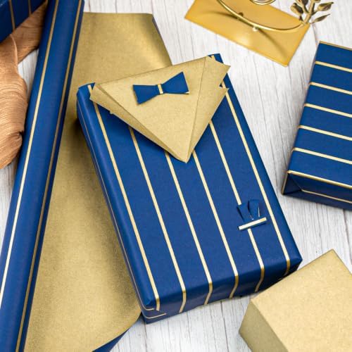 MAYPLUSS Navy Blue Gift Wrapping Paper Roll, 17IN X 16.5FT Gold Stripd Wrap