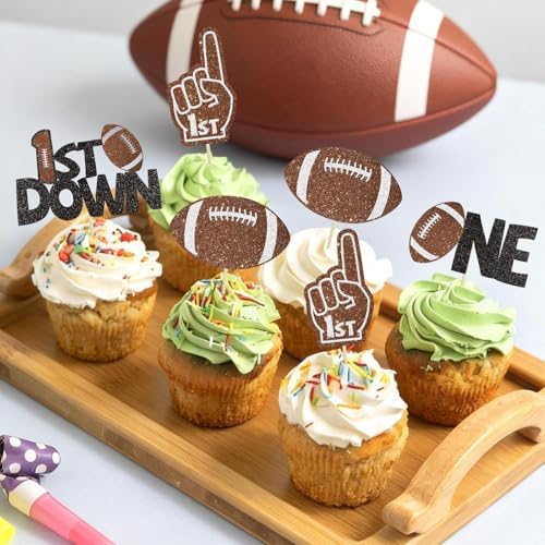 24Pcs Football 1st Birthday Cake Topper & Cupcake Toppers, Football Party Decorations for Baby Shower, First Down Them