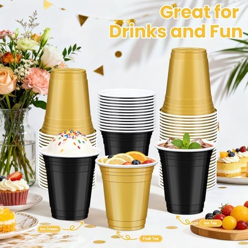 100 Pcs Gold and Black Plastic Cups, 12 oz Disposable Cups