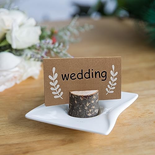 12Pcs Rustic Wood Place Card Holders with 15Pcs Kraft Place Cards, Wooden Tables Number Holder, Table name card holders Photo Clips, for thanksgiving Wedding Birthday Party.