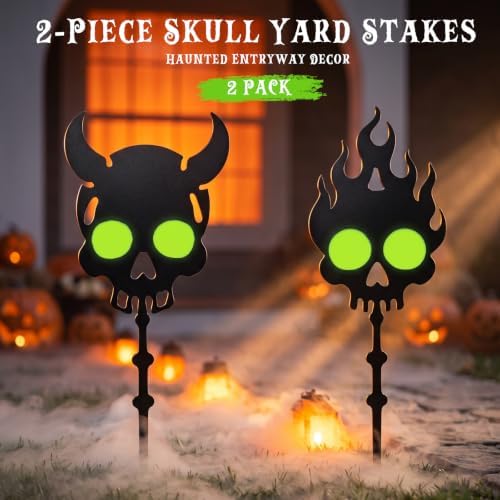 Halloween Solar Lighted Yard Stakes, 4-Pack (Skull Glow Yard Stakes)