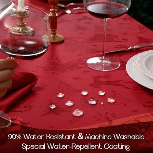 Romanstile Christmas Jacquard Rectangle Tablecloth, Red Xmas Deer and Tree