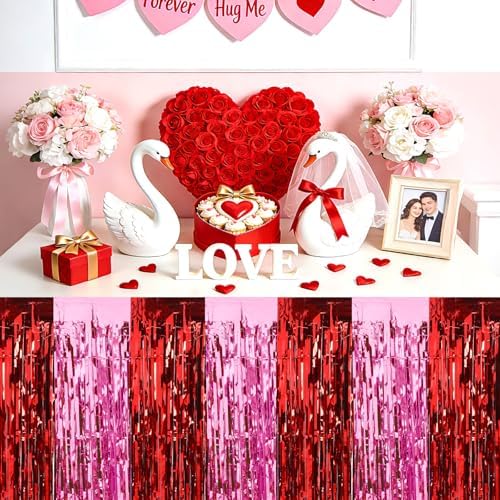 4Pcs Valentines Day Table Skirt Galentines Decorations Foil Fringe