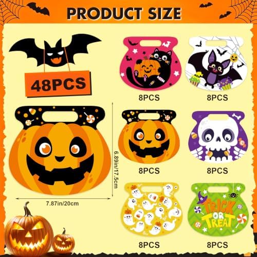 FOIMAS Halloween Treat Bags, 48pcs Plastic Candy Bags Zipper Seal Bags Resealable Pumpkin Bat Ghost Goodie Bags with Handles for Trick or Treat Halloween Party Supply Decor Home Classroom