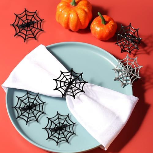 Halloween Spider Web Napkin Rings Set of 6, Halloween Napkin Buckle Metal Spooky Serviette Napkin Rings Holder Table Dining Kitchen Room Decoration (Black, M)