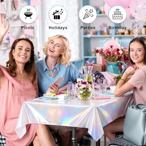 8 Pack Silver Solid Laser Plastic Tablecloth 54" x 108" Disposable Table Cloths for 6 to 8 Foot Tables Rectangle Table Cover for Parties (Silver Solid Laser, Rectangle)