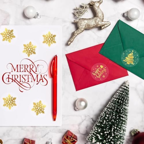 500Pcs Christmas Stickers Roll - Hot Stamping Snowflake Self-Adhesive Sealing Stickers,Gold Sparkly Waterproof Decals for Christmas Party Envelope Scrapbook Decor（ 6 Pattern Designs）