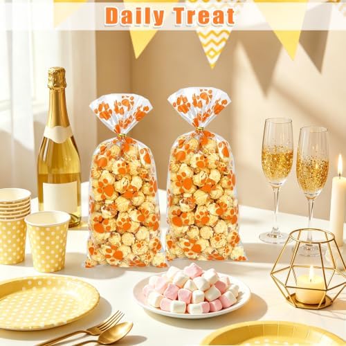 ZYLOP 100Pcs Dog Treat Bags - 5 x 11 Inch Clear Orange Dog Cellophane Treat Bags with 110 Gold Twist Ties for Pet Treats, Cookies & Candy, Paw Print Bags for Fall Parties and Party Favors