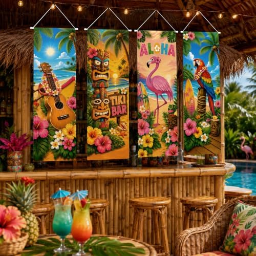 Cinrobiye 4 Pcs Hawaiian Luau Party Porch Sign Decorations, Tropical Aloha Door Banner with Tiki Flamingo Beach Design, Summer Party Hanging Backdrop for Tiki Bar, Birthday, Outdoor Indoor Events
