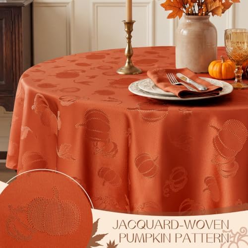 Romanstile Jacquard Fall Round Tablecloth with Pumpkin, Orange, 70 Inch