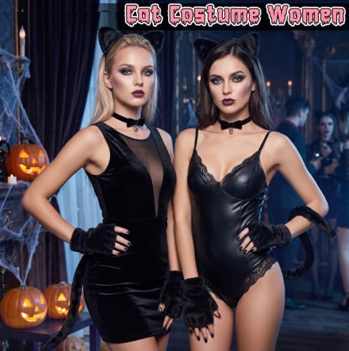 H-Style Cat Costume for Women - Black Cat Ears Headband Woman, Tail, Bell Choker & Gloves - 4 Pack, Halloween Cosplay Costume Outfit Accessories for Adult