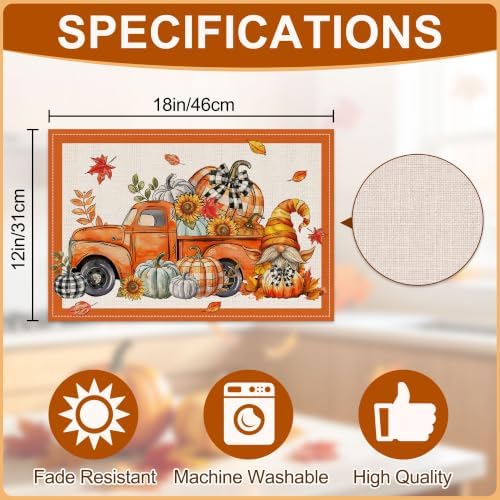 Fall Placemats Set of 4, 12x18 inch - Orange Truck Thanksgiving Table Decor