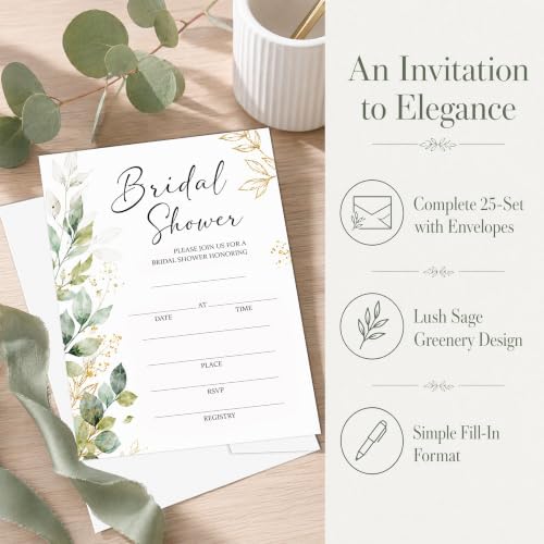 Bridal Shower Invitations, 25 Eucalyptus Leaves Wedding Shower Invites with Envelopes, 5x7 Greenery Bride to Be Engagement Party Supplies - A01