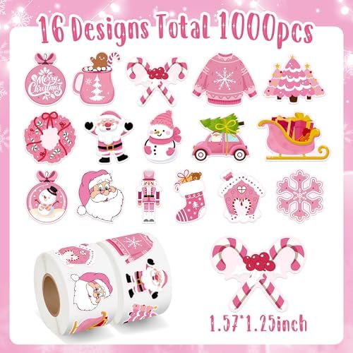 1000Pcs Pink Christmas Stickers Rolls Xmas Tree Santa Claus Nutcracker Snowman Self-Adhesive Decals Winter Wonderland Festive Holiday Party Favors DIY Crafts Gift Bottles Scrapbook Decor, 16 Designs