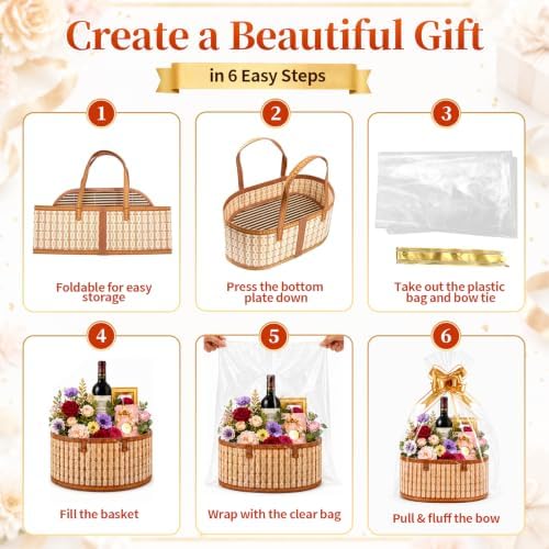 3 Pack Baskets for Gifts Empty, Large Bamboo Woven Gift Basket with Handles, Reusable DIY Gift Baskets Empty Kit with Wrap Bags, Pull Bows and Cards for Christmas, DIY Holiday, Birthday, Registry Gifts