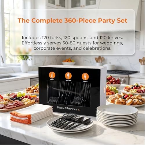 360Pcs Black Plastic Silverware Set, Disposable Forks Spoons Knives