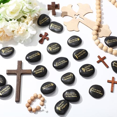 Yuntau 30 Pcs Memorial Stone 1.97 Inch Celebration of Life Favor Inspirational River Rock Engraved in Loving Memory Funeral Favor Decoration for Fathers Day Gift (Black,Classic Style)