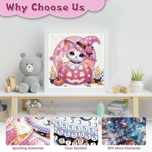 Halloween Cat Diamond Art Painting Kits for Kids with Frame, Diamond Painting Kits for Kids Ages 4-8-12, Easy Gem Arts and Crafts Gift for Girls Boys Adult Beginners Home Wall Decor(7x7inch)