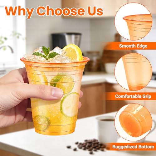 50 Pcs Clear Orange Plastic Cups, 12 oz Disposable Cups for Party