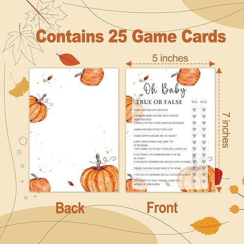 Fall Baby Shower Games, 25 Pcs Baby True or False Cards for Guests, Little Pumpkin Gender Reveal Decorations for Party Favors - A05