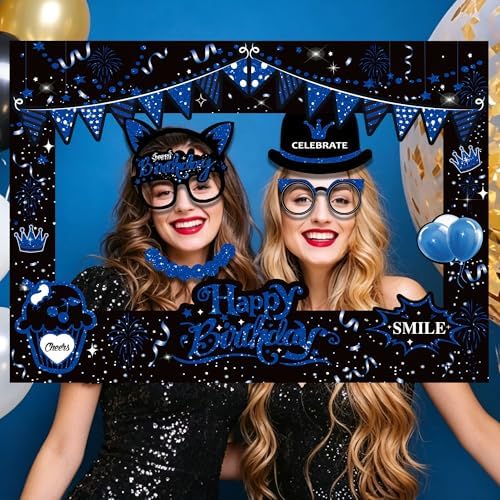 38 Pcs Birthday Photo Booth Props Kit with Frame, Happy Birthday Party Favors Supplies Bday Party Decorations Set for Girls Women Really Glitter Selfie Paper Party Supplies (Blue)